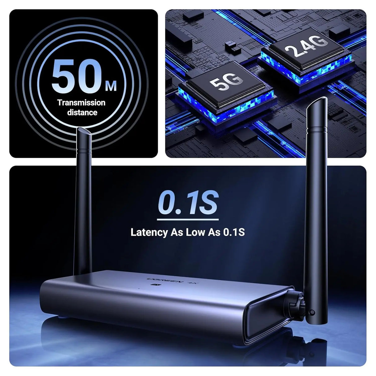 UGREEN 4K@30Hz 2.4G/5G वायरलेस HDMI ट्रांसमीटर और रिसीवर, एक क्लिक से कनेक्शन, 165FT/50M रेंज, लैपटॉप/PC/TV बॉक्स से मॉनिटर पर वीडियो और ऑडियो स्ट्रीम करने के लिए एक्सटेंडर (90909A) 