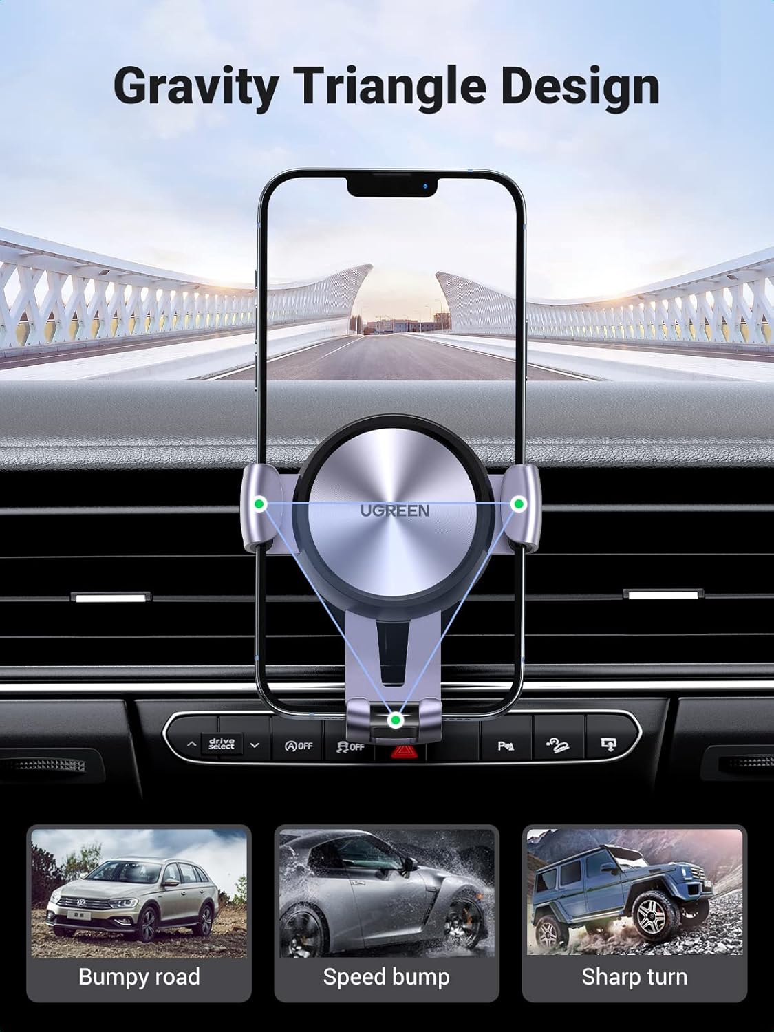 UGREEN Gravity Air Vent Auto Lock Car Phone Holder, Mobile Stand Adjustable Mount Super Stable Cradle Compatible with iPhone 13 Pro Max 12 11 XS XR 8 SE 3 Galaxy S21 FE S10 S9 A71 Huawei P40 Redmi 10(50564)