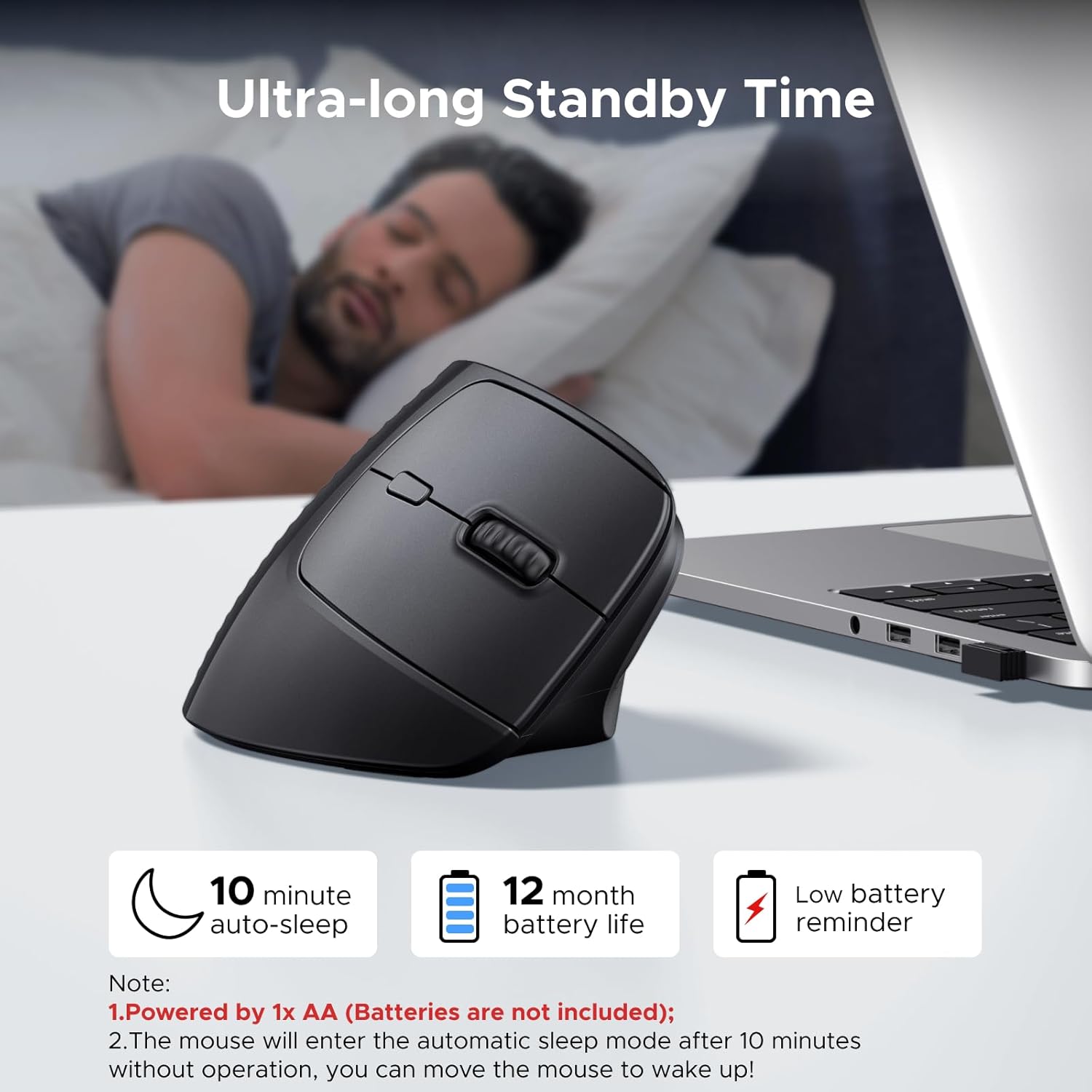 UGREEN M571 mouse showing 10-minute auto sleep 12-month battery life and low-battery reminder