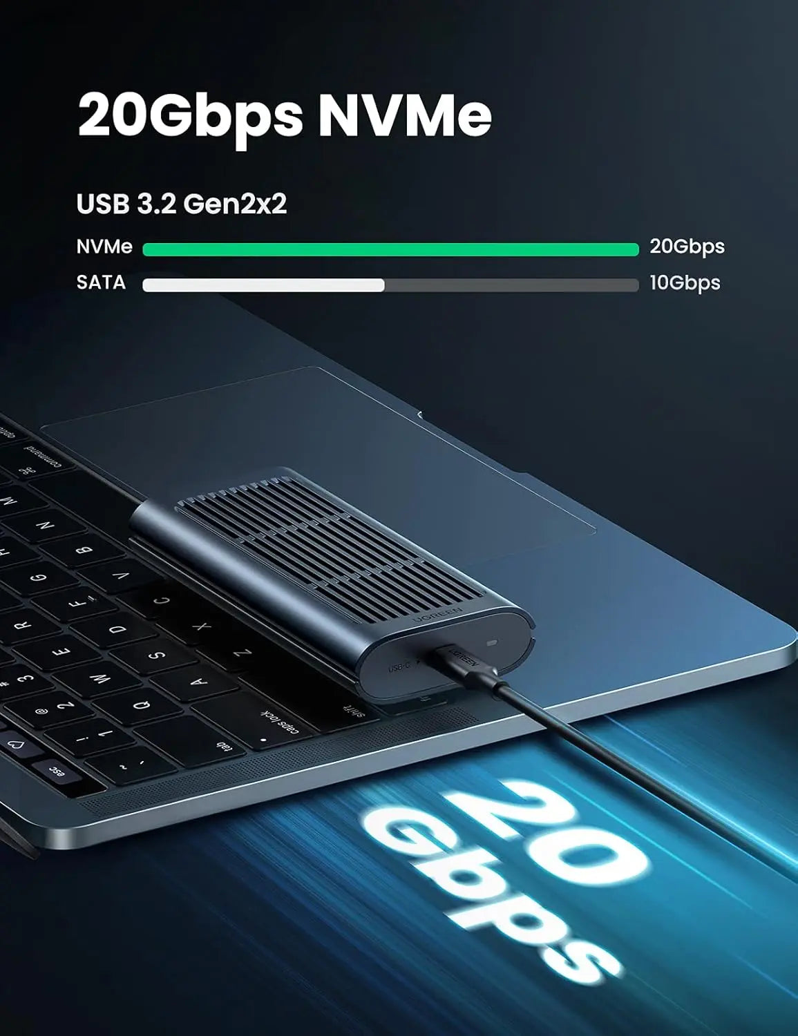 UGREEN USB-C M.2 NVMe SSD Enclosure 20Gbps USB 3.2 Gen 2x2 External Case M-Key M+B Key 2242 2260 2280 Tool-Free (80554)