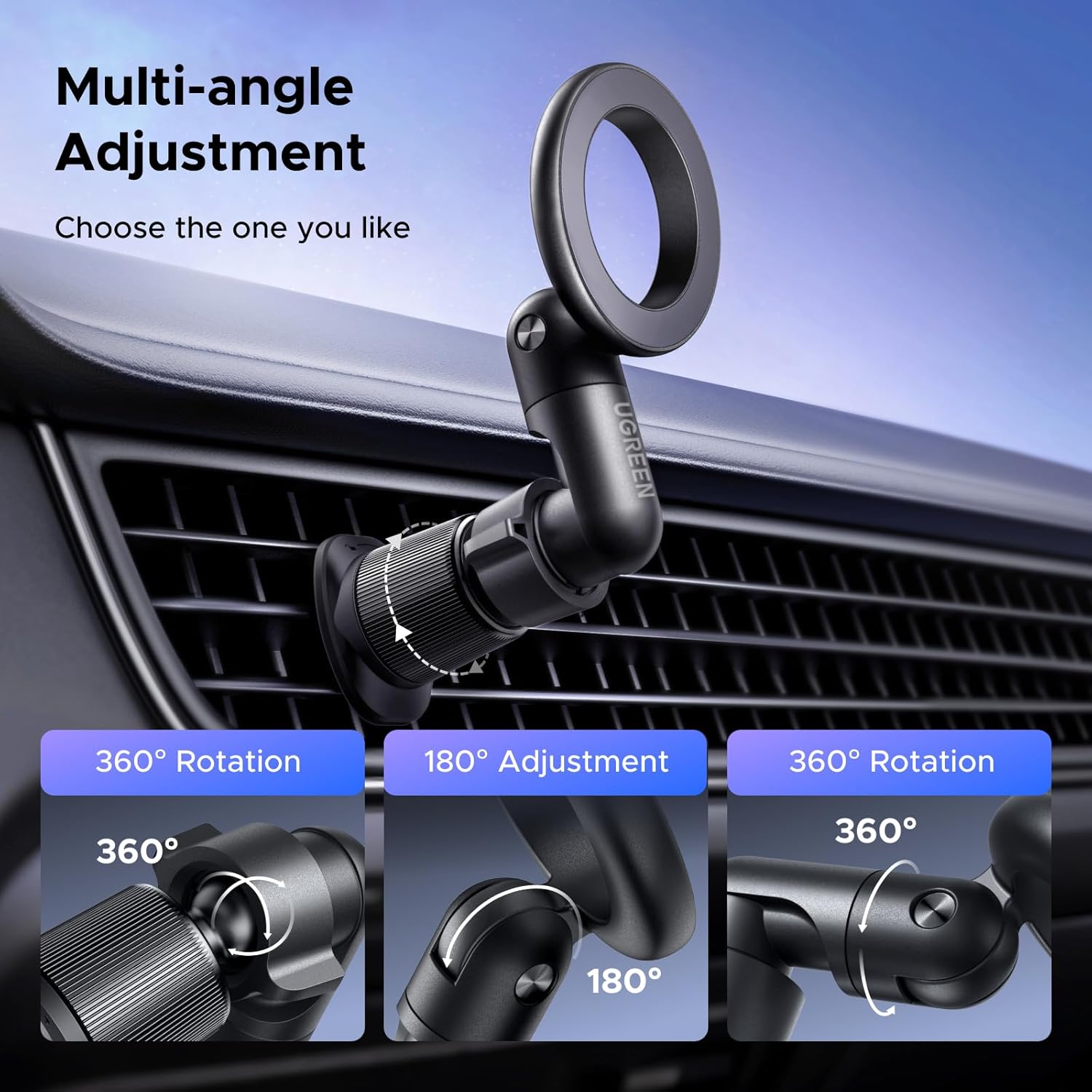 UGREEN LP923 magnetic car phone mount with rotating head and adjustable swing arm