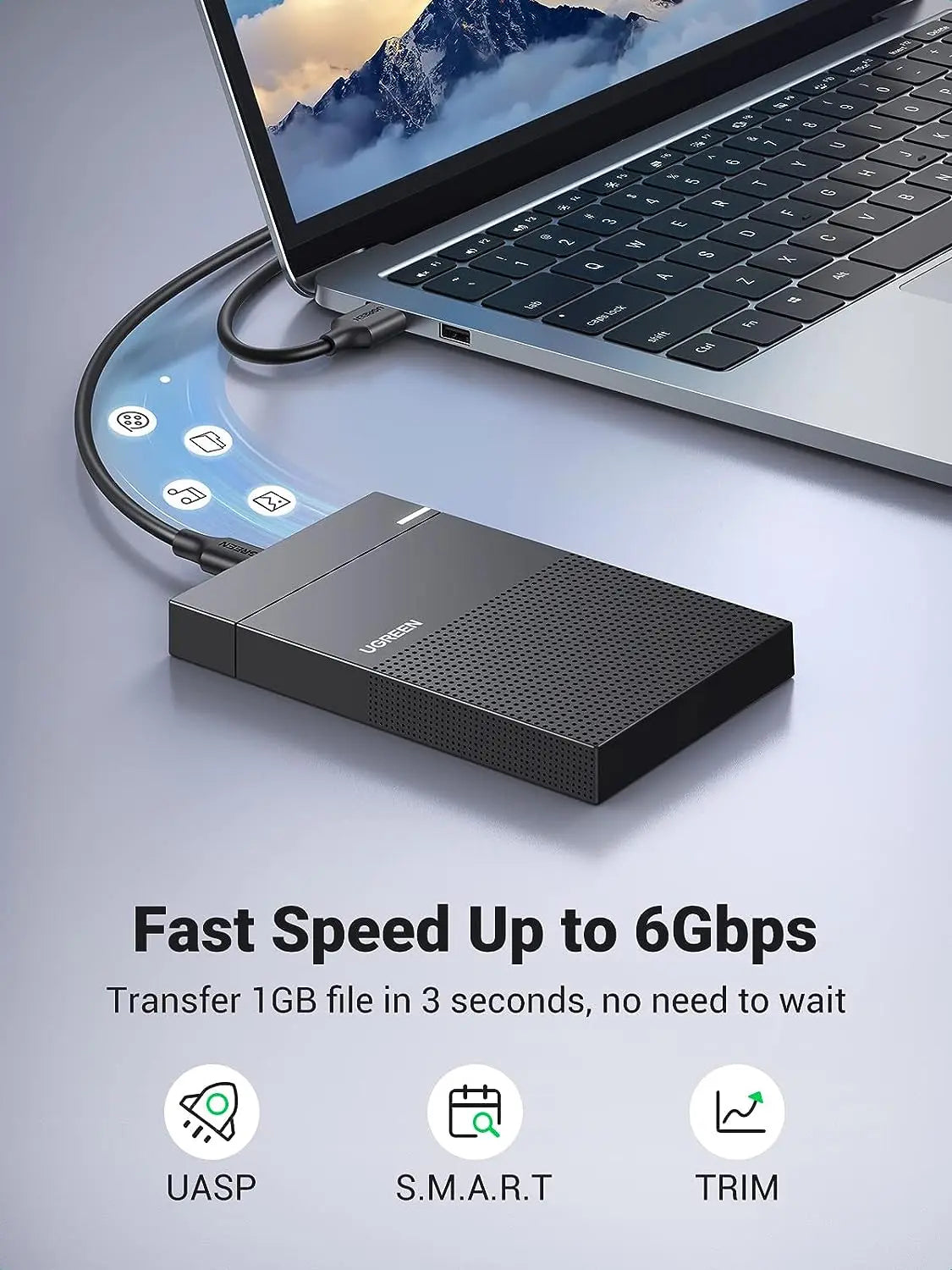 UGREEN 2.5 Inch External Hard Drive Enclosure USB 3.0 USB-C to USB-A Cable Tool-Free SATA SSD HDD Adapter Case (30727)