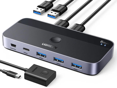 UGREEN USB 3.0 Switch 2 Computer Sharing USB C & A Devices, 4 Port USB Switcher Sharing Keyboard and Mouse, Printer/Scanner USB Switch Hub for Two Computers with 2 USB3.0 Cables and Remote (15705) - Ugreen India