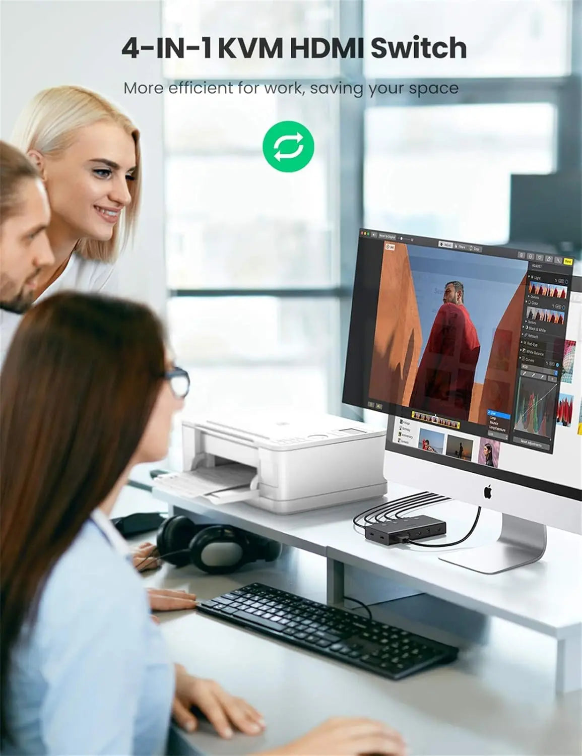 UGREEN 4 इन 1 आउट 4K@60Hz HDMI 2.0 KVM स्विच बॉक्स, कीबोर्ड माउस प्रिंटर मॉनिटर शेयरिंग चयनकर्ता USB हब के साथ लैपटॉप डेस्कटॉप PS4 Xbox One आदि के लिए(70439)
