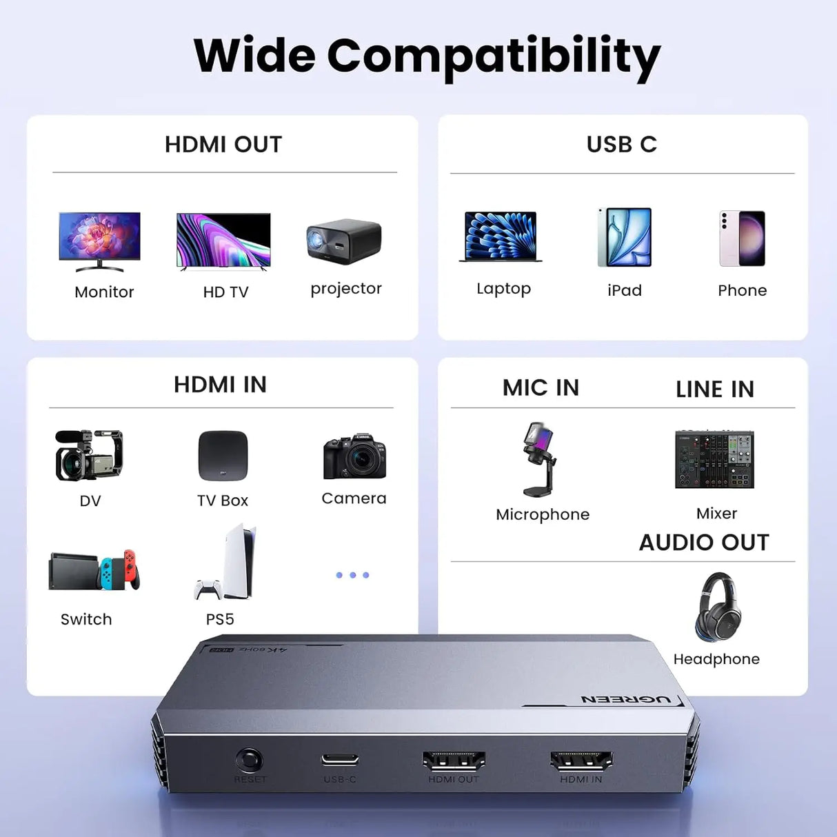 UGREEN 4K@60Hz Capture Card, Ultra HD HDMI Video Capture Card 1080P@240Hz USB 3.0 Ultra-Low Latency with VRR and HDR for Streaming, Gaming, Recording Compatible with iPad, Switch, PS5, Xbox, PC, Mac (25173) - Ugreen India