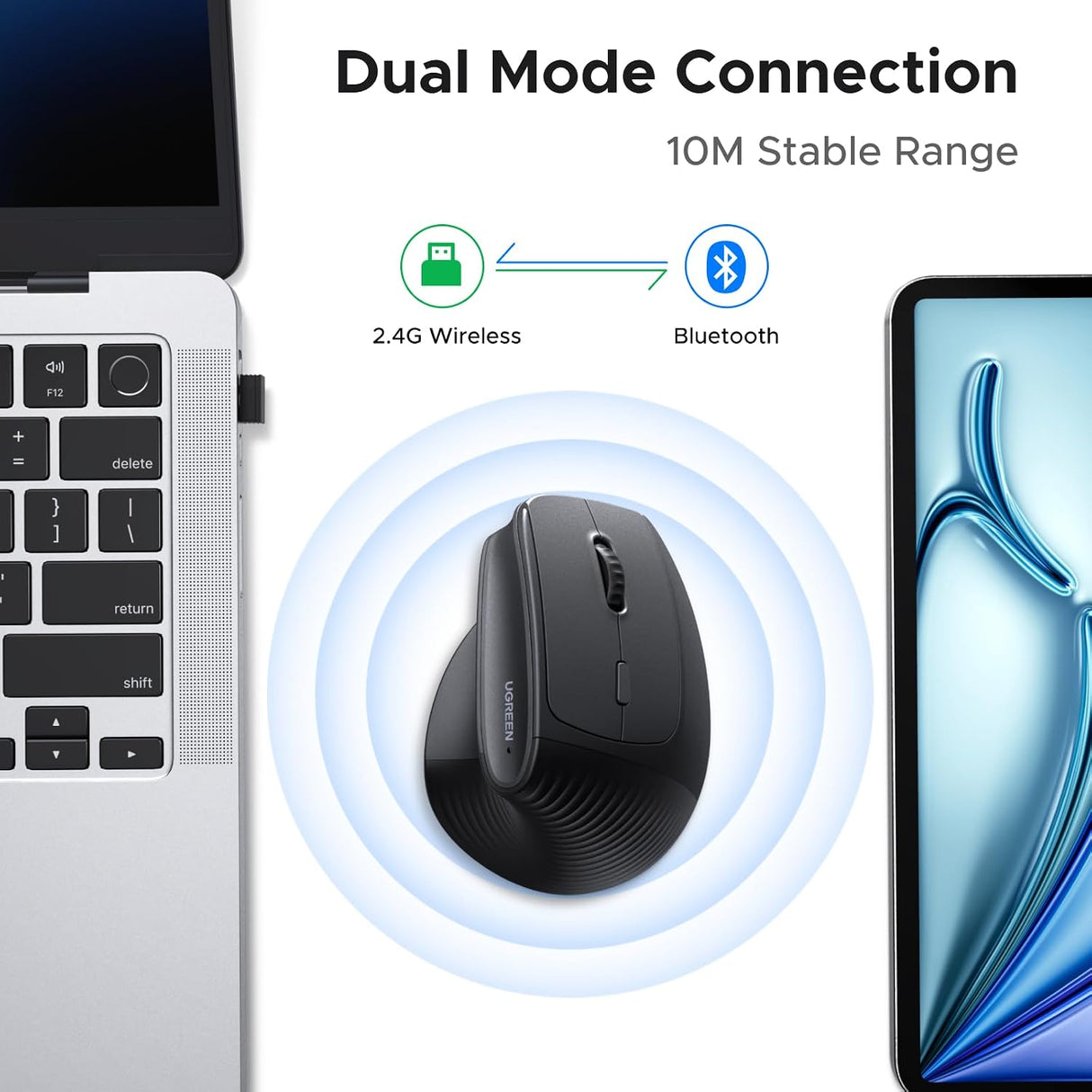 UGREEN Ergonomic Wireless Mouse, Bluetooth & 2.4G Wireless, Quiet Clicks (65042)