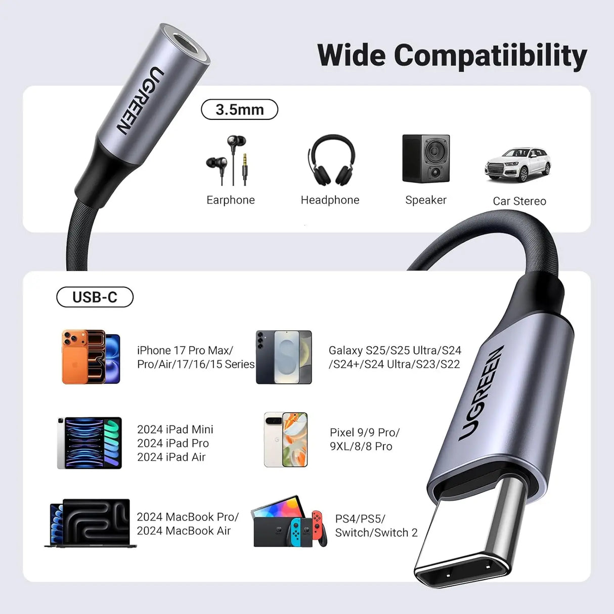UGREEN USB C to 3.5mm Headphone Jack Adapter Type-C Male Female Audio Dongle iPhone 15 Samsung Galaxy Google Pixel (80154)