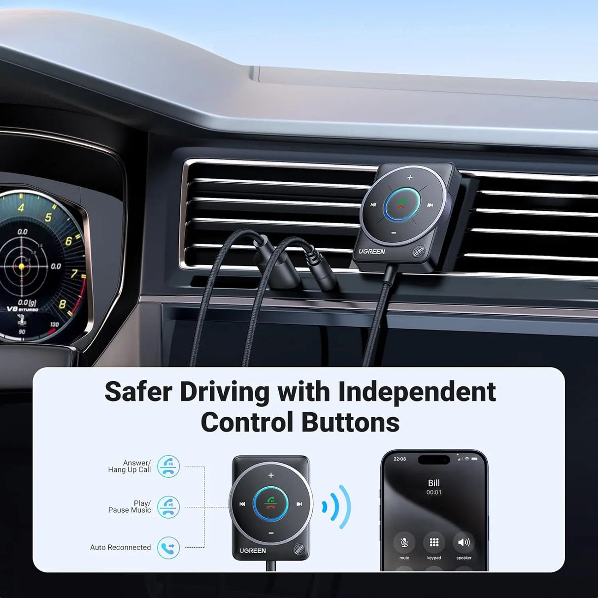 UGREEN 2024 Latest Bluetooth 5.4 Aux Car Adapter, [Enhanced Connection & Noise Cancellation], Bluetooth Aux Receiver with Nylon Braided Cable, Plug & Play for Car Music/Hands-Free Calls/Stereo Audio (35002) - Ugreen India