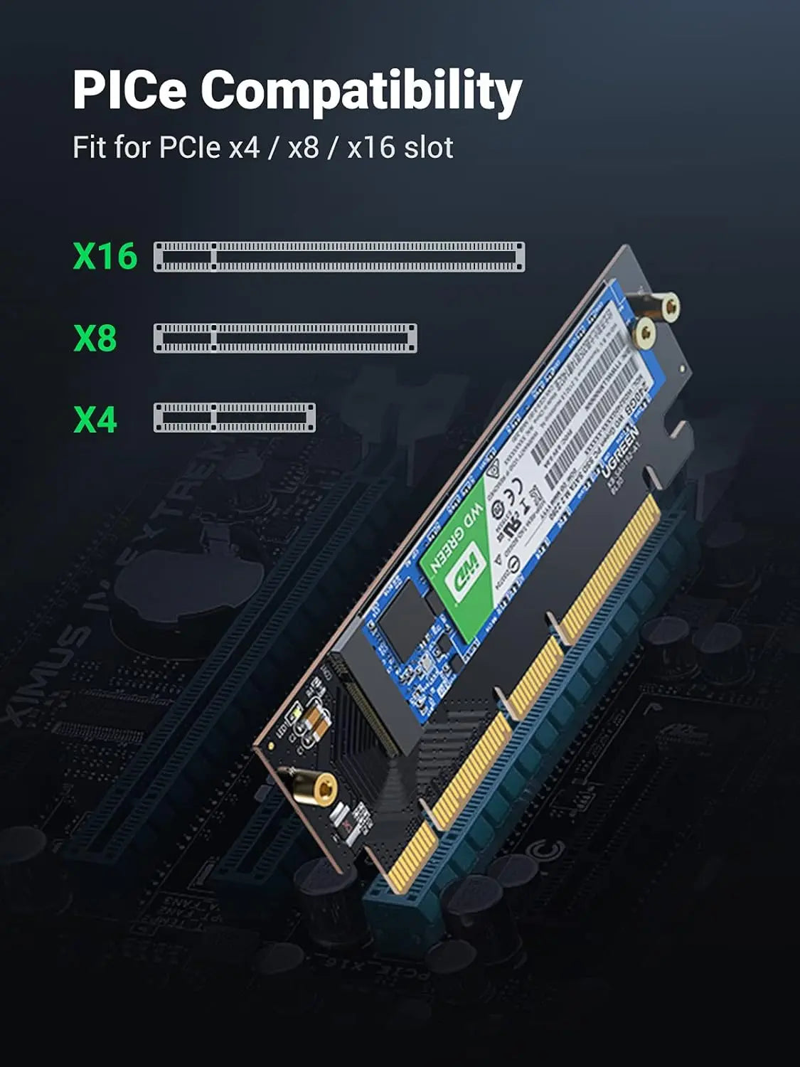 UGREEN NVMe PCIe অ্যাডাপ্টার PCle Gen4 x16 থেকে M.2 এক্সপ্যানশন কার্ড M.2 SSD থেকে PCIe 4.0 X16/X8/X4 কার্ড হিটসিঙ্ক M.2 PCIe কনভার্টার সহ থান্ডারবোল্ট 3 (30715) এর সাথে সামঞ্জস্যপূর্ণ