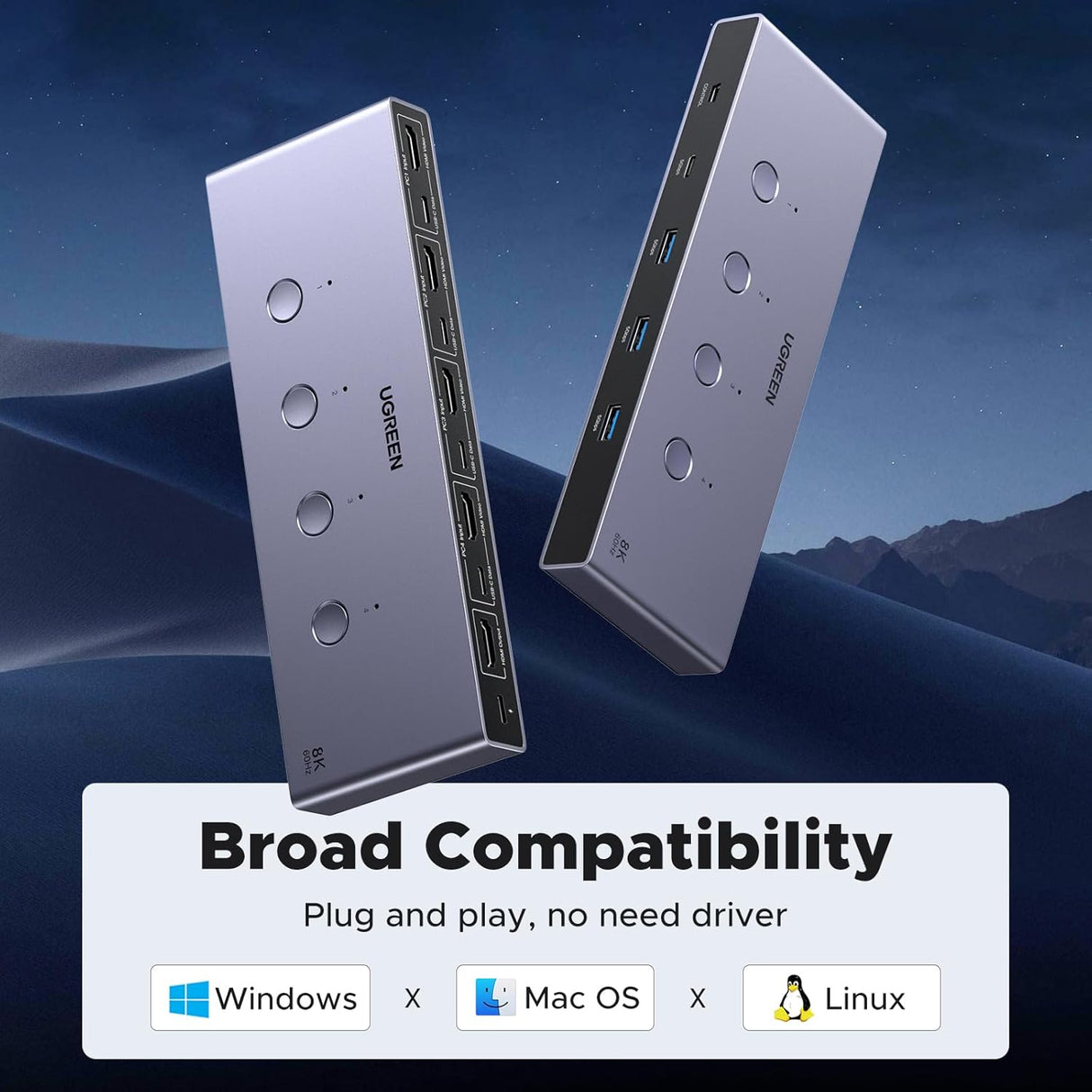 UGREEN 8K@60Hz HDMI KVM Switch for 4 Computers, HDMI 2.1, 4× USB 3.0 Ports (3× USB-A + 1× USB-C), Aluminum KVM, Desktop Controller, Includes 4 HDMI Cables + 4 USB Cables (55397)