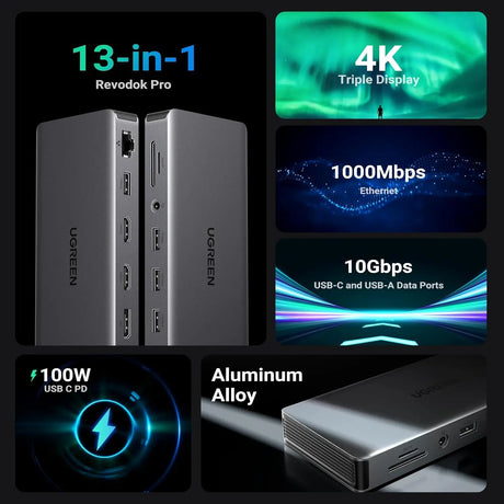 UGREEN 13 in 1 USB C 4K Triple Display Multifunctional Adapter Dual HDMI, DP, 4 Usb A Ports, Usb C Port, 100W PD, 1Gbps Ethernet, SD/TF Card Reader, Audio for Dell XPS ThinkPad and More. (15978) - Ugreen India