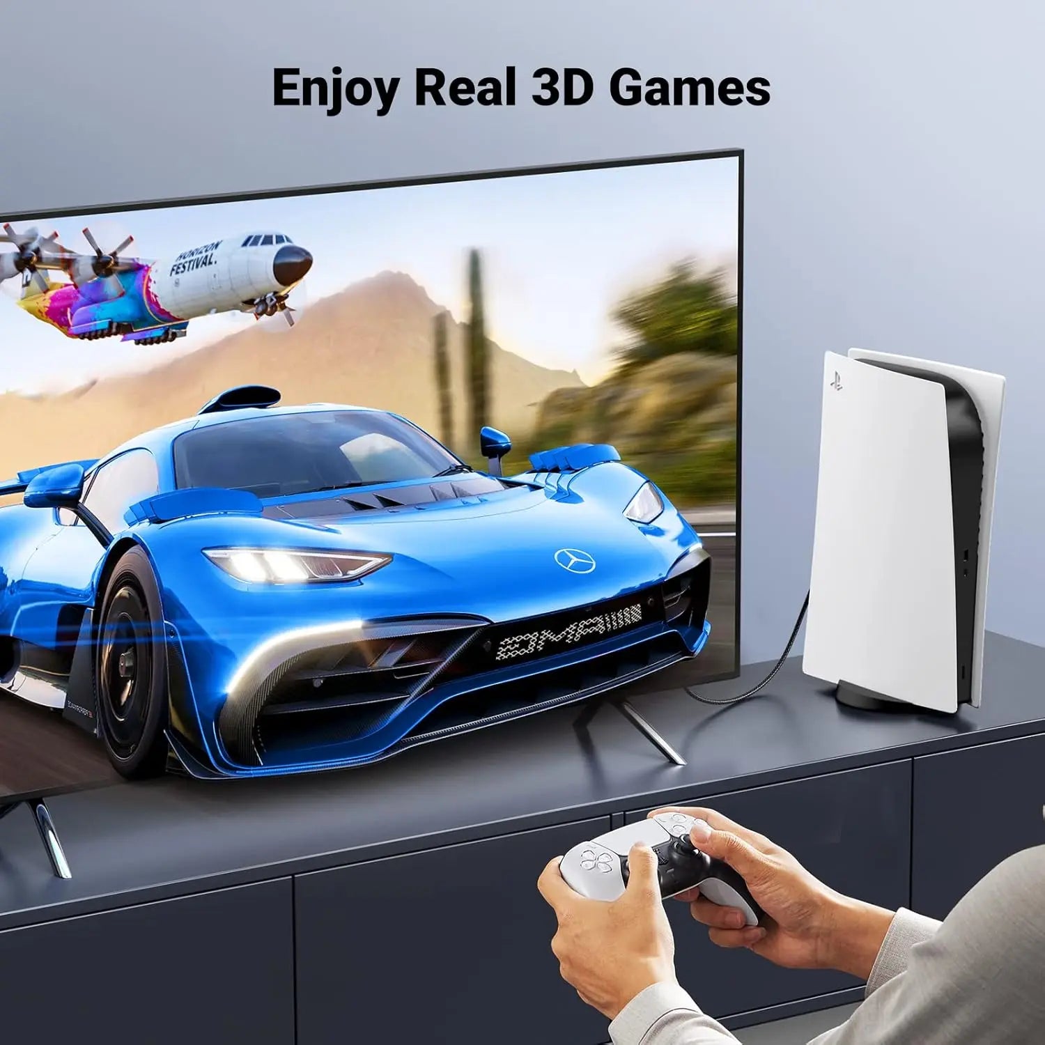 UGREEN HDMI 2.1 gaming cable connecting PlayStation 5 to television for 3D gaming