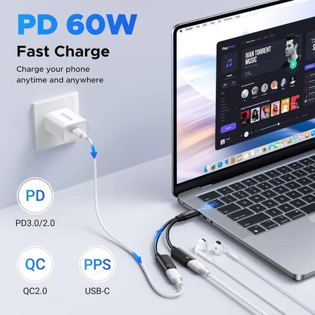UGREEN Magnetic USB C Splitter 1 in 2 Out Dual USB C Headphone and Charger Type C Audio Adapter with PD 60W Fast Charging Dongle Cable for iPhone 16 Pro Max, Galaxy S25 Ultra, Pixel 9, iPad Pro/Air (45800) Ugreen