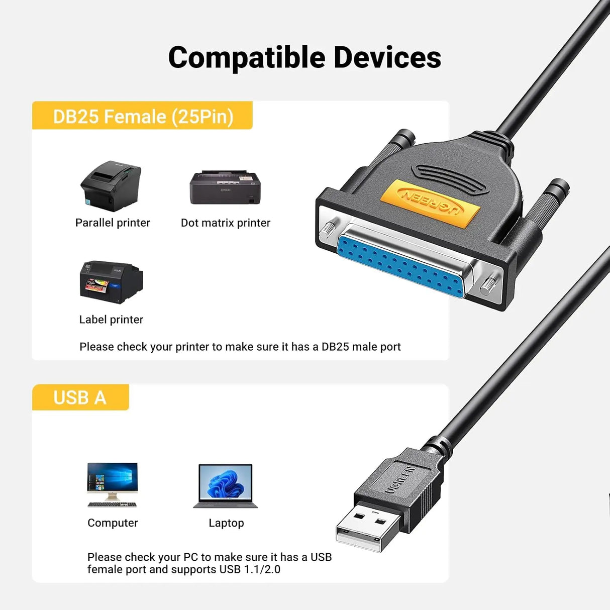 UGREEN 2M USB 2.0 to DB25 Female Parallel Printer Adapter Cable USB to Parallel Converter Inkjet Laser Printer Gray 20224