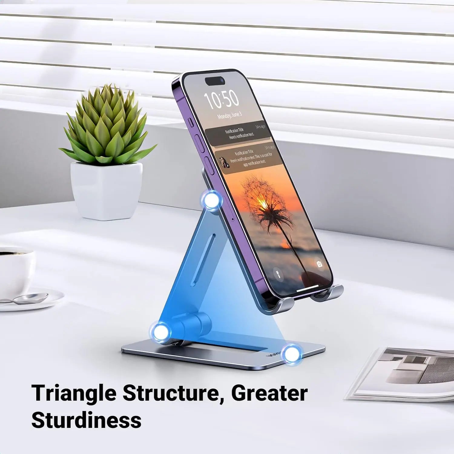 UGREEN LP678 aluminium phone holder showing its stable triangular support structure