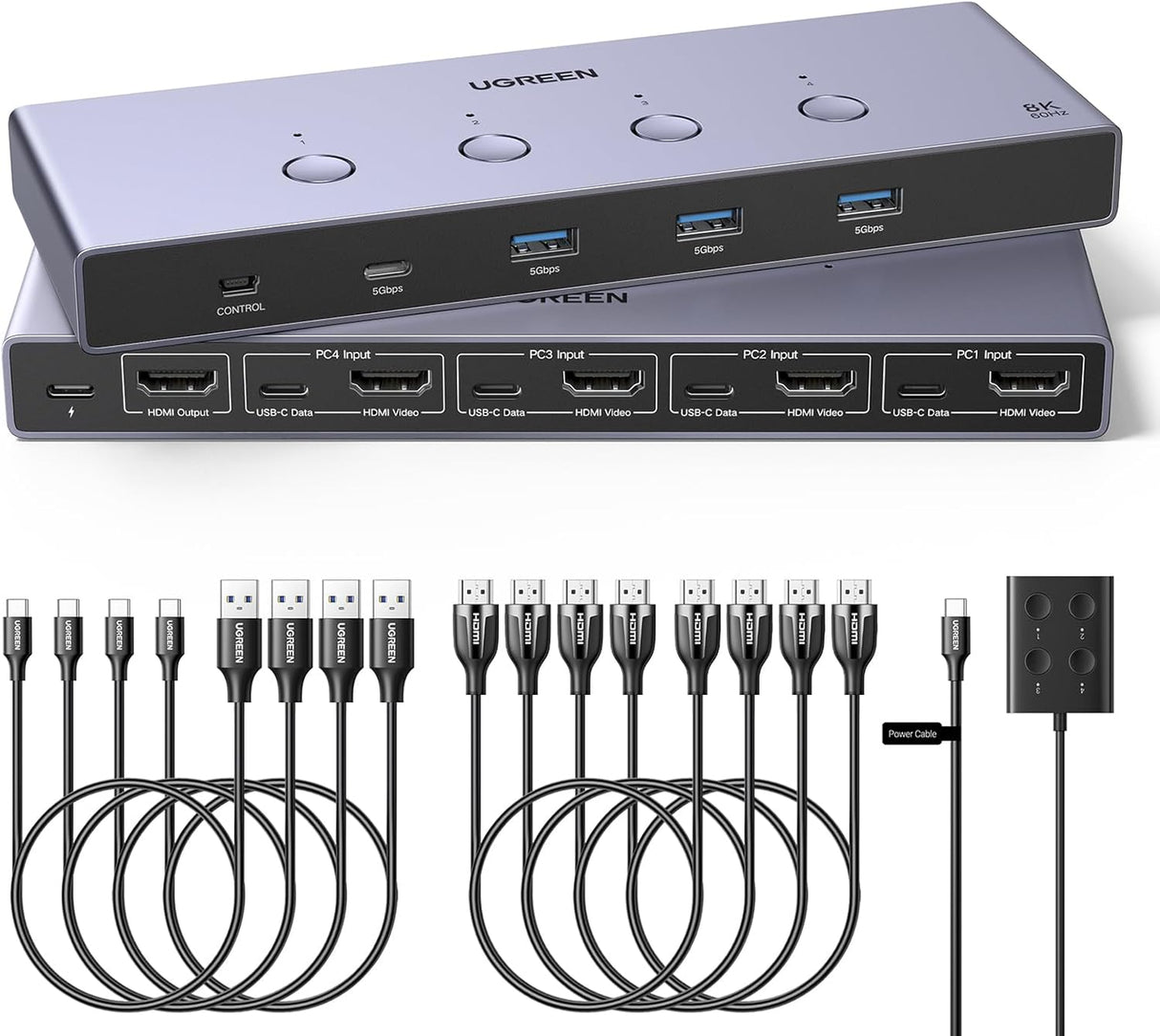 UGREEN 8K@60Hz HDMI KVM Switch for 4 Computers, HDMI 2.1, 4× USB 3.0 Ports (3× USB-A + 1× USB-C), Aluminum KVM, Desktop Controller, Includes 4 HDMI Cables + 4 USB Cables (55397)