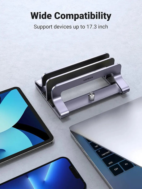 UGREEN Vertical Laptop Stand for Desk Dual Slot Laptop Stand Holder Adjustable Dock Aluminum Desktop Stand Compatible for MacBook Air Pro, Microsoft Surface Laptop 4, LG Gram 17, Lenovo Yoga 7i, Grey (60643) - Ugreen India