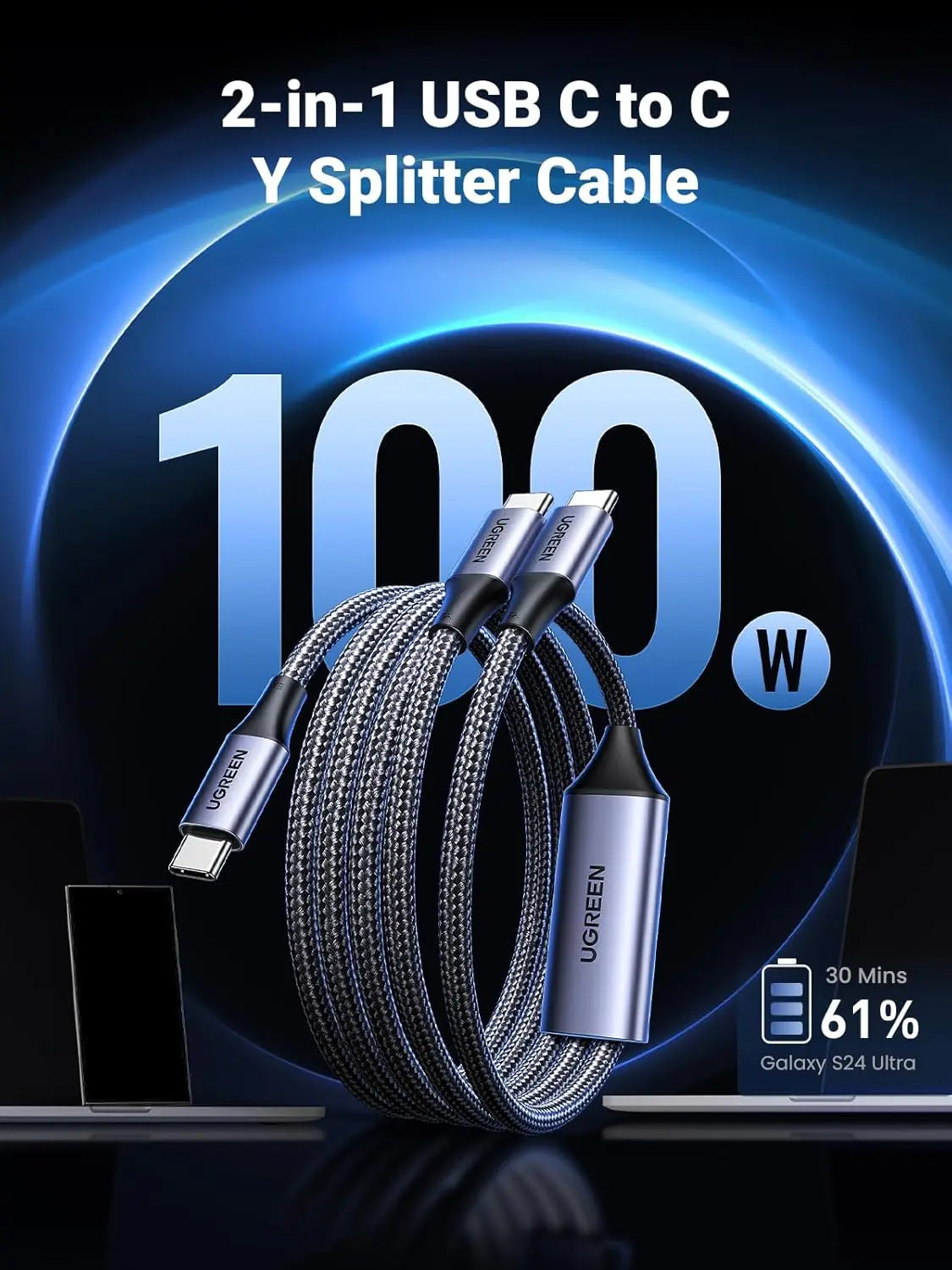 UGREEN 1.5M 100W USB C Male to USB C Male 2.0 2-in-1 Cable ,5A Fast Charging Cord Braided, PD 3.0 Fast Charging, Compatible with Samsung S24, iPhone 16 Pro Max, MacBook/iPad Pro, Google Pixel (35087) Ugreen India