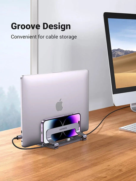 UGREEN Vertical Laptop Stand for Desk Dual Slot Laptop Stand Holder Adjustable Dock Aluminum Desktop Stand Compatible for MacBook Air Pro, Microsoft Surface Laptop 4, LG Gram 17, Lenovo Yoga 7i, Grey (60643) - Ugreen India