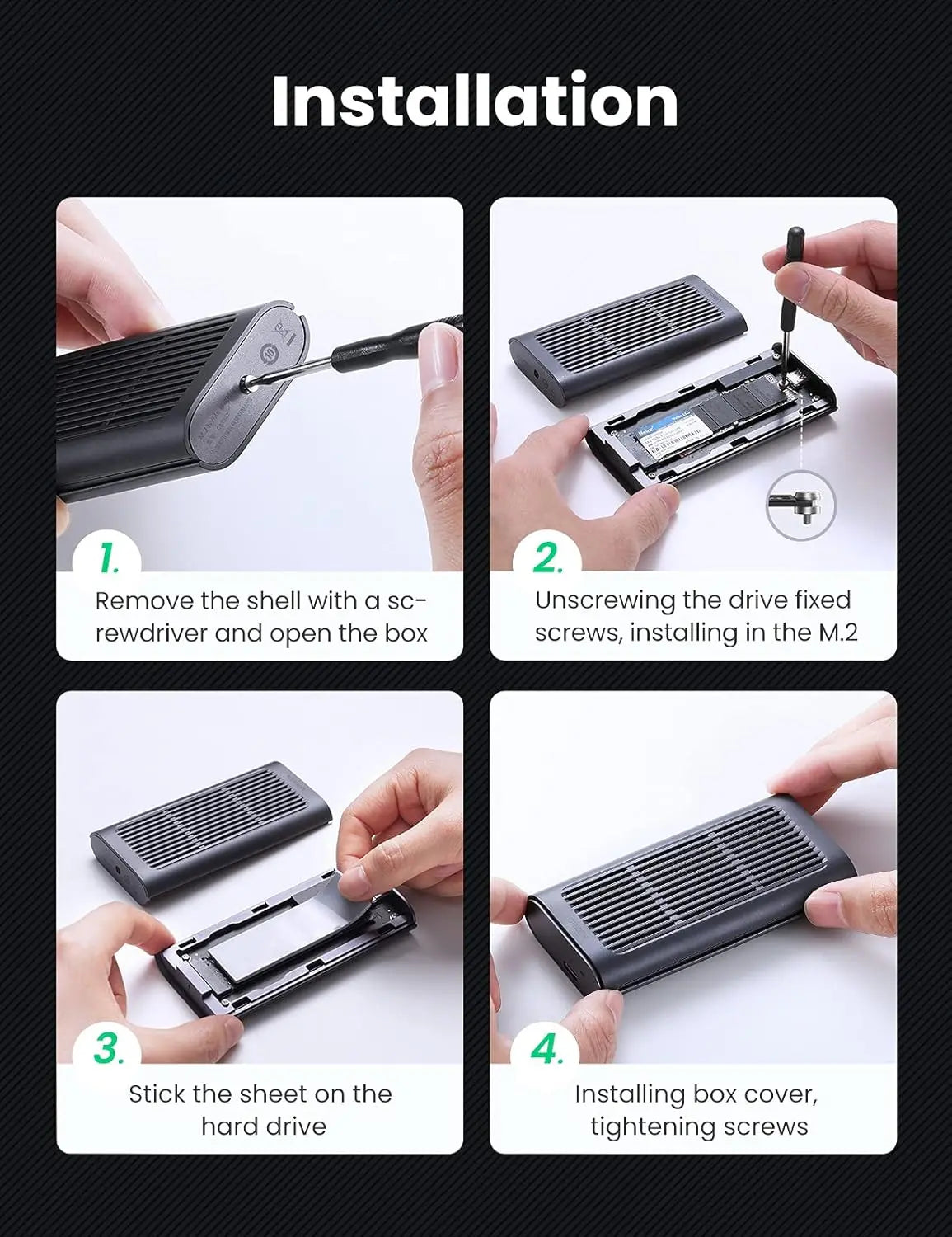 UGREEN USB-C M.2 NVMe SSD Enclosure 20Gbps USB 3.2 Gen 2x2 External Case M-Key M+B Key 2242 2260 2280 Tool-Free (80554)