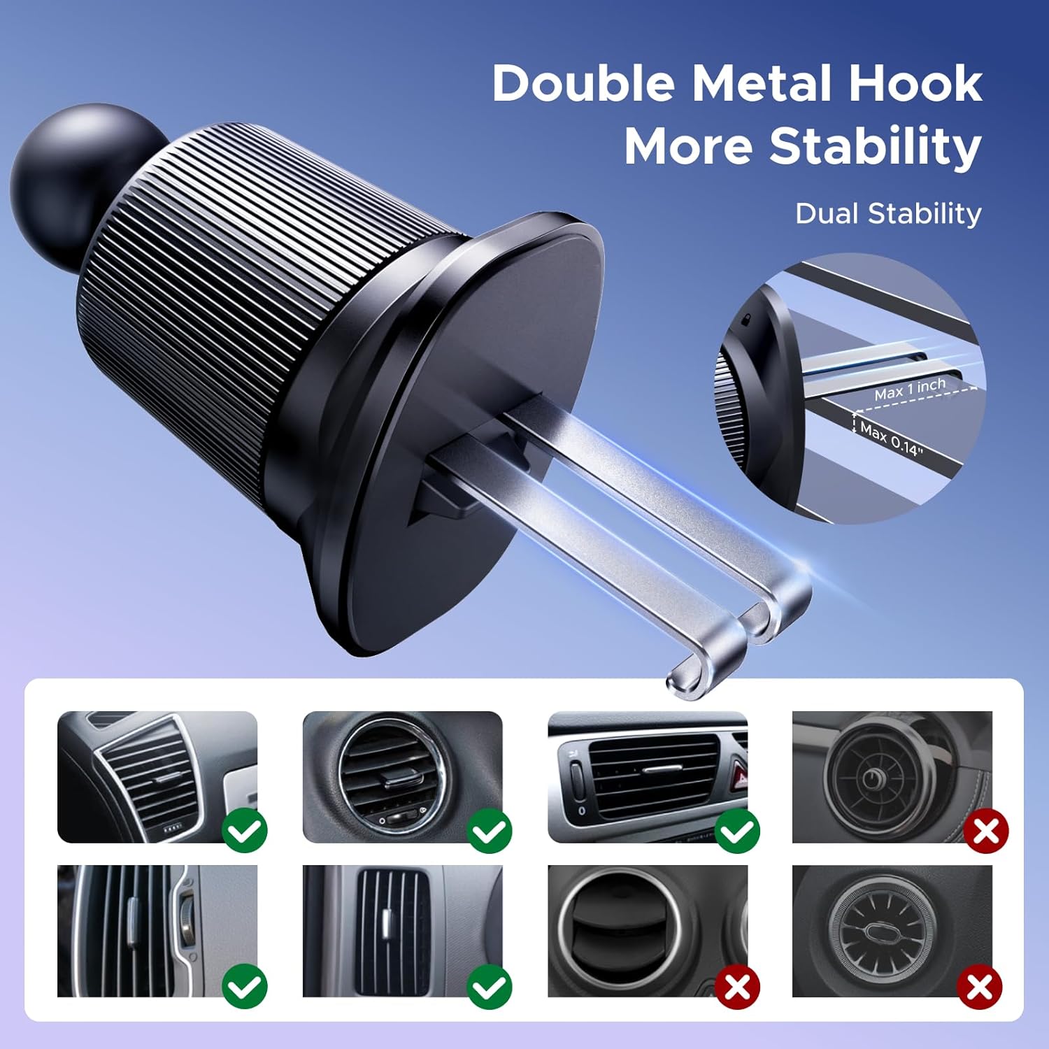 UGREEN 65185 double metal hook air vent mount with compatible and incompatible vent examples