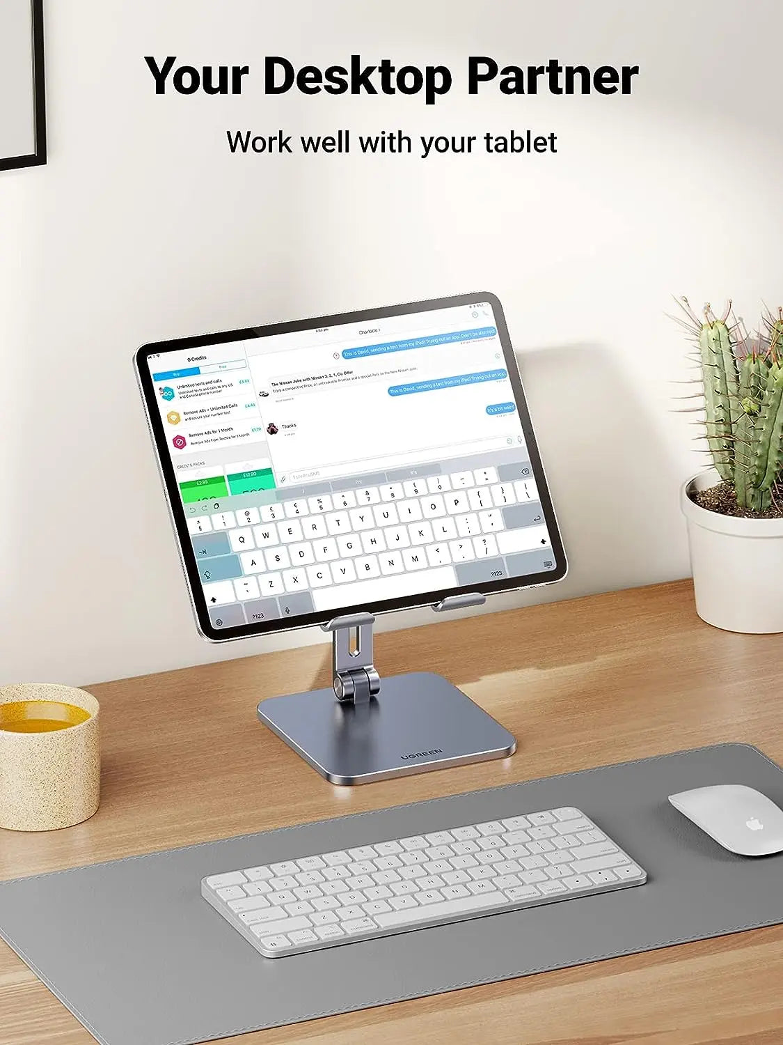 UGREEN LP134 aluminium tablet stand used with a keyboard and mouse on an office desk
