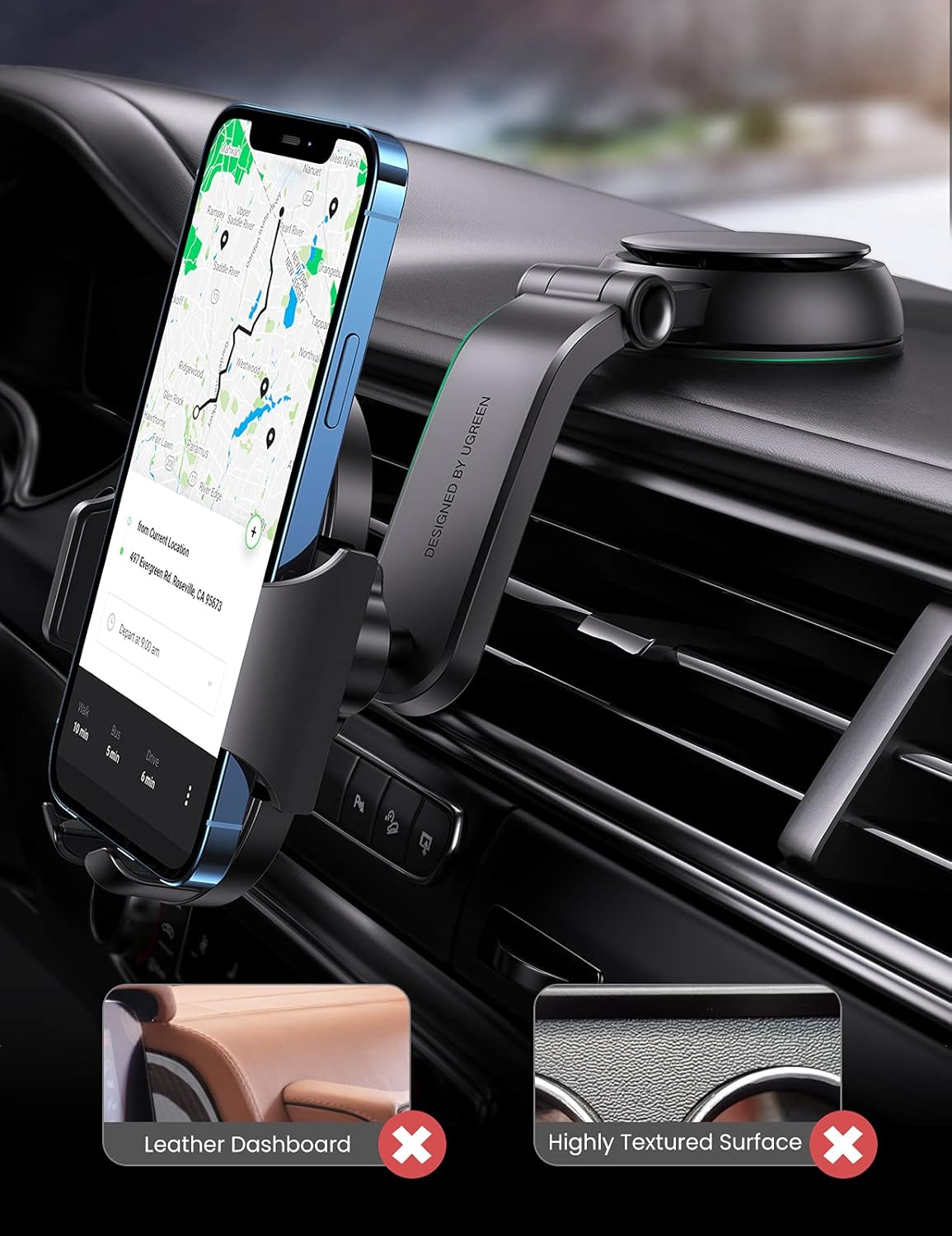 UGREEN Waterfall-Shaped Suction Cup Car Phone Mount Dashboard Cell Phone Holder Compatible with iPhone 12 11 Pro XR X XS Max 8 7 6 Plus 6S, Samsung Galaxy S20 S10 S9 S8 Plus Note 10 9 8(20473)