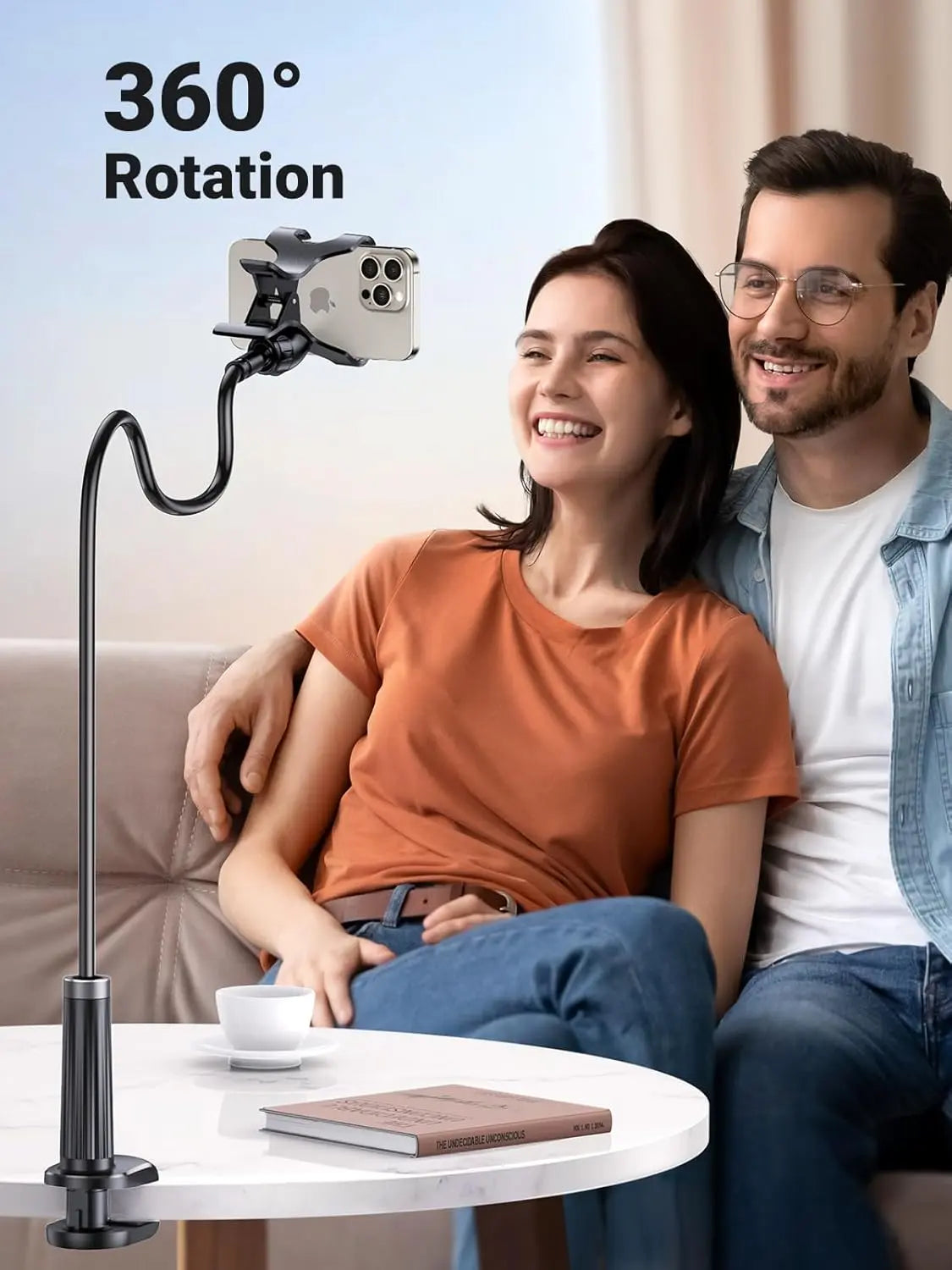 UGREEN gooseneck phone mount with 360-degree rotation for portrait and landscape viewing
