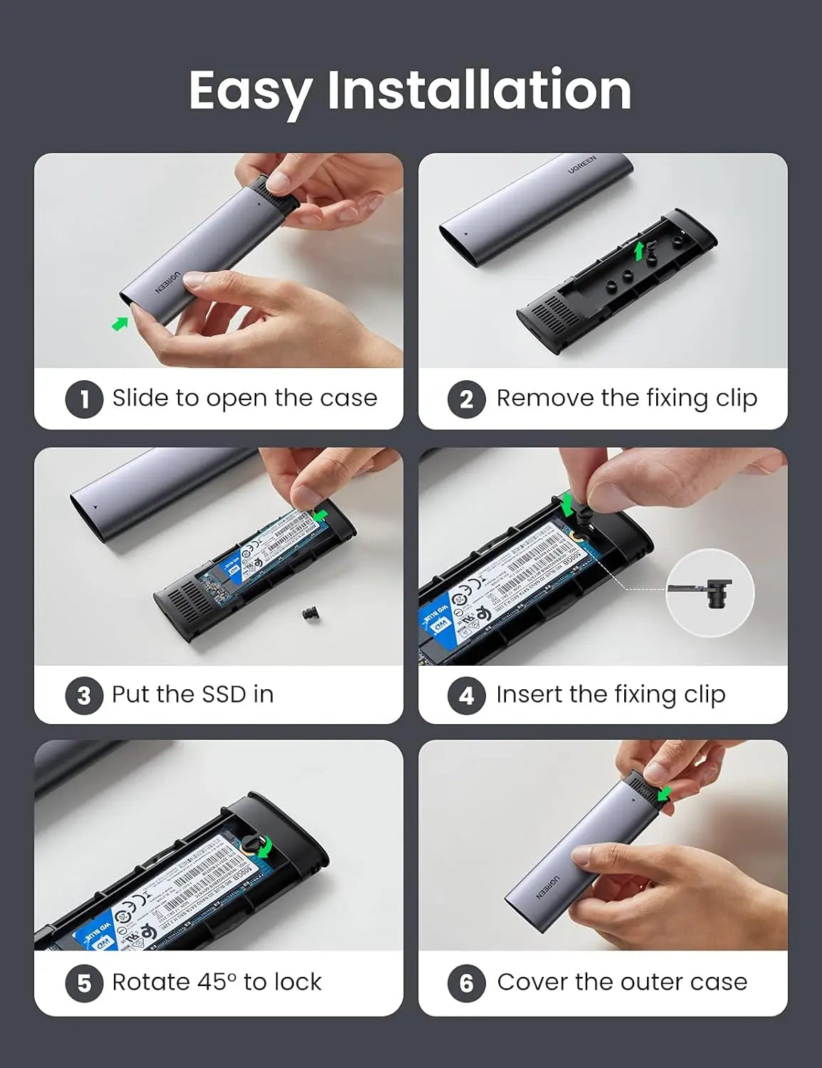 UGREEN NVMe SSD एनक्लोजर एडाप्टर एल्युमिनियम केस 10Gbps USB C Gen से NVMe PCIe M-की सॉलिड स्टेट ड्राइव एक्सटर्नल एनक्लोजर MacBook Pro WD