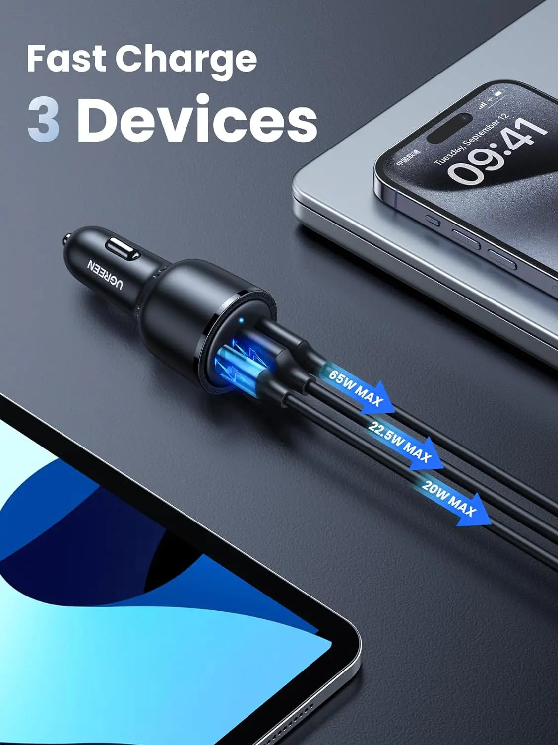 UGREEN 69W USB-C Car Charger 3-Port Fast Charging PD 45W 20W QC 18W iPhone 13 12 11 iPad MacBook Galaxy Pixel 20467