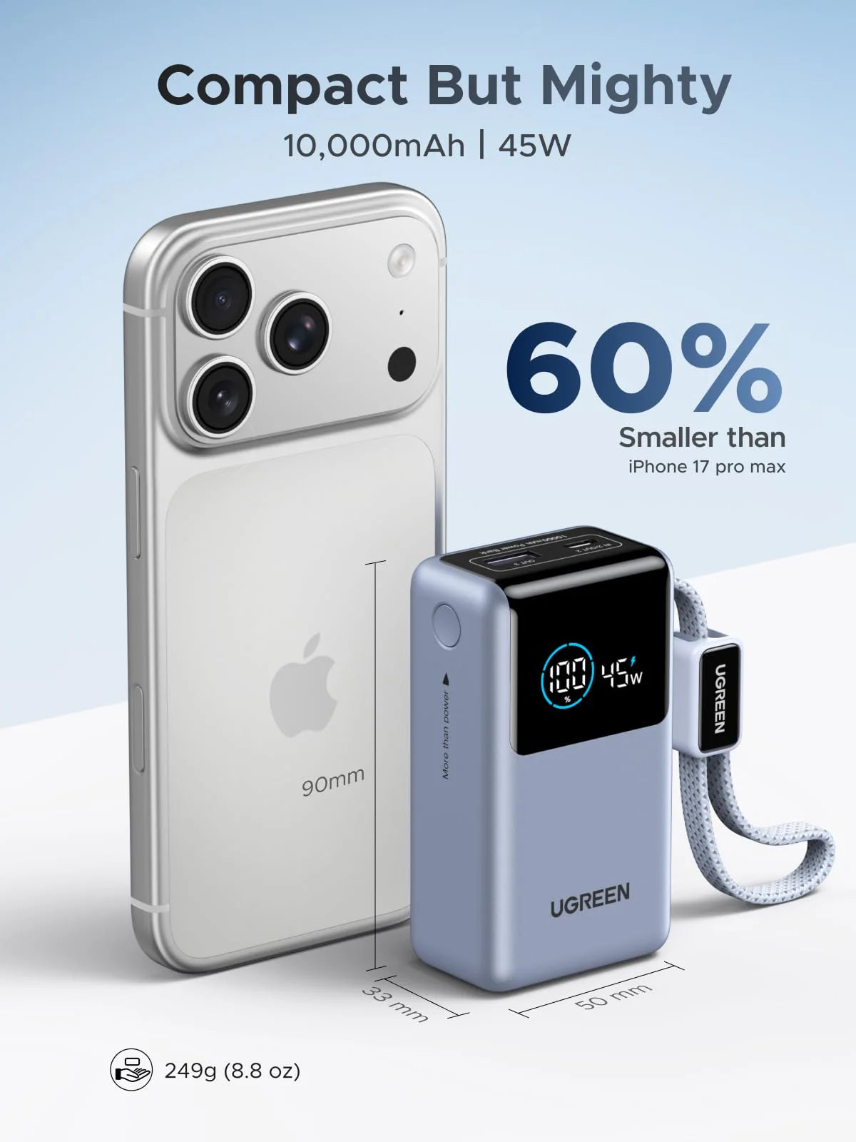 UGREEN Nexode 10000mAh compact power bank measuring approximately 90mm tall and weighing 249g