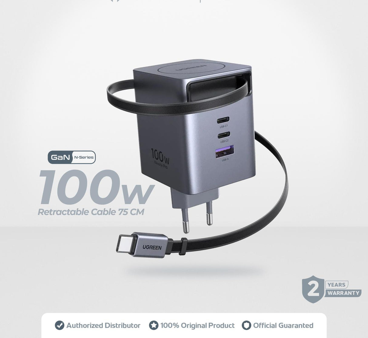 UGREEN Nexode Pro 100W GaN Charger with Built-in Retractable USB-C Cable (75 cm) | Fast USB-C Wall Charger for Laptops & Phones (65828) + Schuko to India Adapter