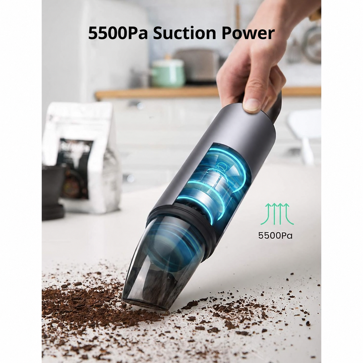 UGREEN 80645 handheld vacuum demonstrating 5500Pa suction on dry debris