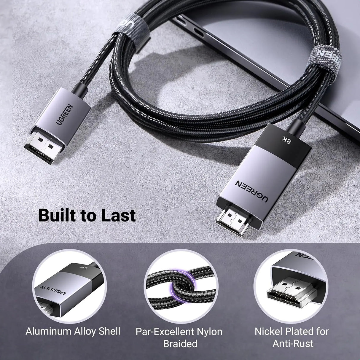 UGREEN 3.3FT/1M Unidirectional DisplayPort to HDMI Cable 8K@60Hz 4K@120Hz Active DP 1.4 to HDMI 2.1 Cord HDR, Dolby, HDCP2.3, DSC1.2a, 32.4Gbps Braided Compatible with Monitor, Dell, HP, HDTV, AMD NVIDIA (80395) - Ugreen India