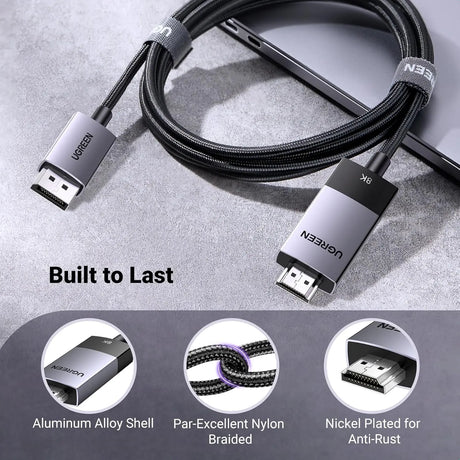 UGREEN 3.3FT/1M Unidirectional DisplayPort to HDMI Cable 8K@60Hz 4K@120Hz Active DP 1.4 to HDMI 2.1 Cord HDR, Dolby, HDCP2.3, DSC1.2a, 32.4Gbps Braided Compatible with Monitor, Dell, HP, HDTV, AMD NVIDIA (80395) - Ugreen India