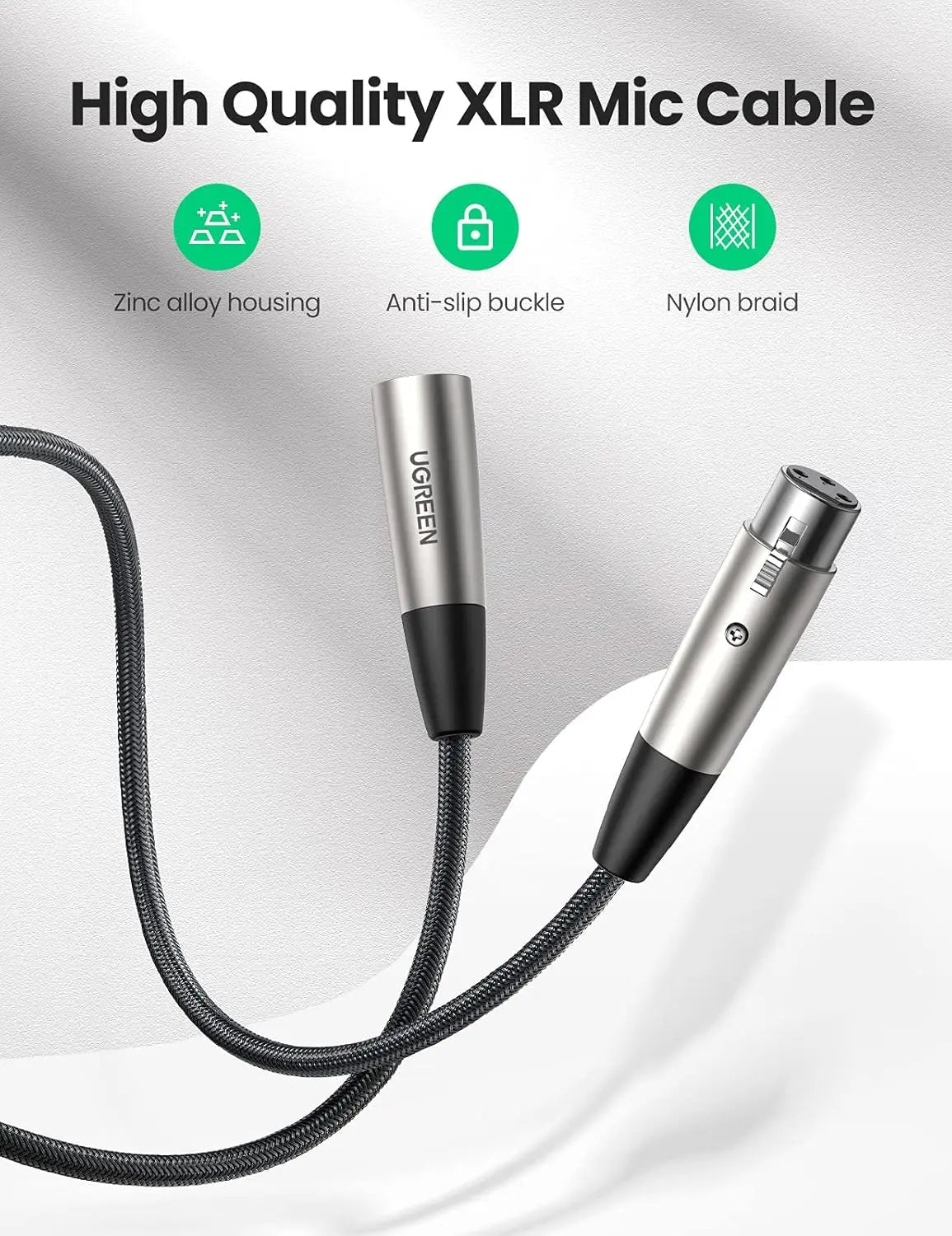 UGREEN 2M XLR Male to Female Microphone Cable Nylon Braided Zinc Alloy Shure SM Compatible Mixer Amplifier 20500