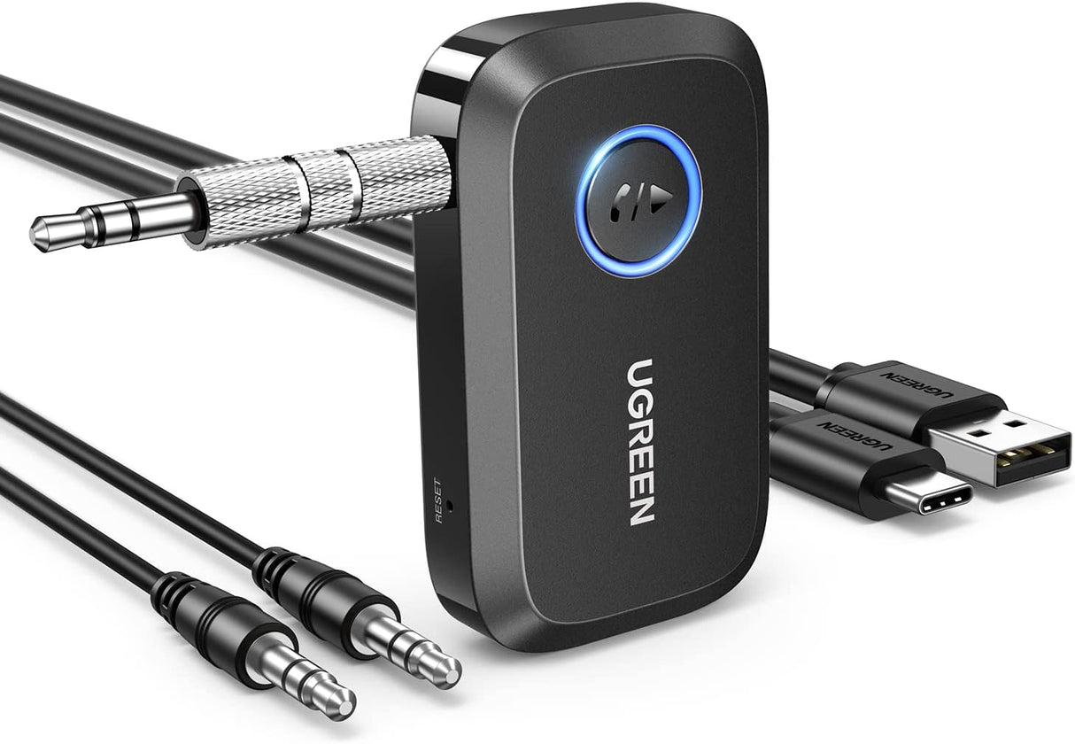 UGREEN Bluetooth 5.4 Car Adapter, Hands-Free Call & Noise Cancelling AUX to Bluetooth Adapter for Car, 3.5mm Audio Blue-Tooth Receiver for Cars Stereo Home Speaker - 15H Battery Life (90748)