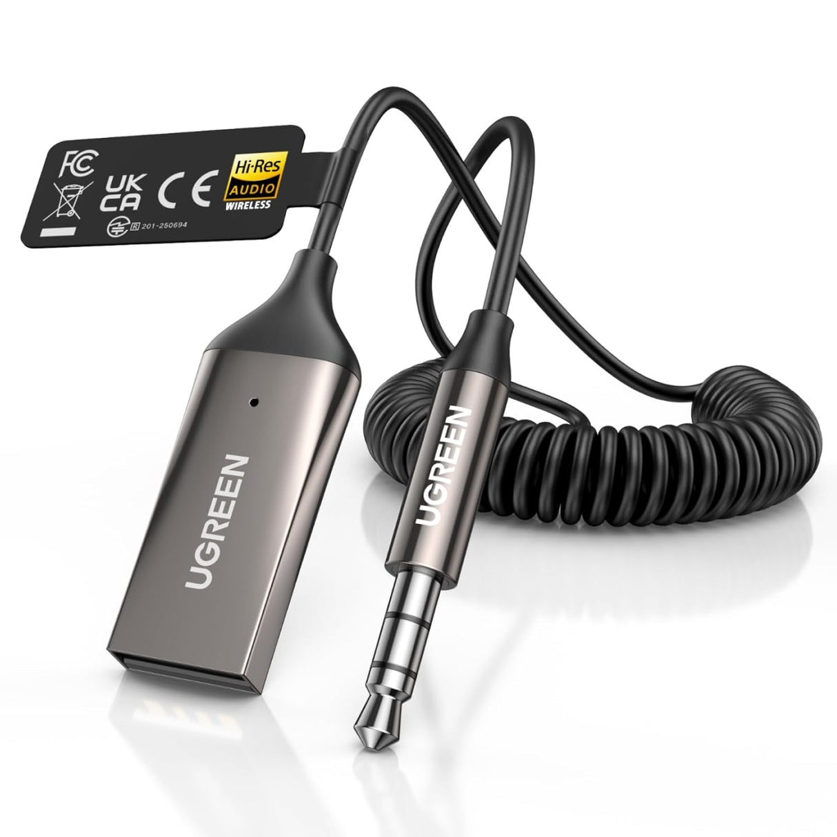 UGREEN Aux to Bluetooth 6.0 Car Adapter with LDAC, 3.5mm Aux Adapter for Car Built-in Microphone, Car Bluetooth Audio Receiver for Hands-Free Calls Compatible with Car Speaker & Home Audio (85428)
