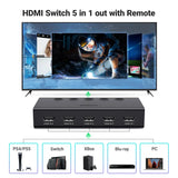 UGREEN HDMI সুইচ 5 in 1 Out 2.0 4K@60Hz সুইচার রিমোট 5 পোর্ট সিলেক্টর বক্স সাপোর্ট সহ 3D CEC HDR HDCP2.2 PS5/4/3 Xbox Fire Stick এর সাথে সামঞ্জস্যপূর্ণ, কালো (90512)