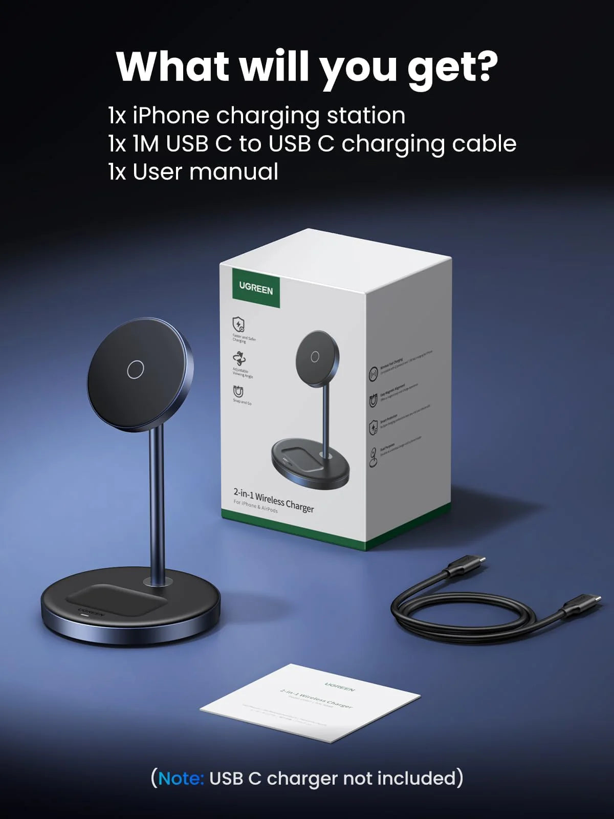 UGREEN MagFlow Wireless Charger, 2-in-1 Qi MagSafe Charging Stand, with 1M USB-C Cable for iPhone 16/15/14/13/12 Series and AirPods Series (No AC Adapter)(90668)