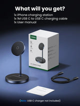UGREEN MagFlow Wireless Charger, 2-in-1 Qi MagSafe Charging Stand, with 1M USB-C Cable for iPhone 16/15/14/13/12 Series and AirPods Series (No AC Adapter)(90668)