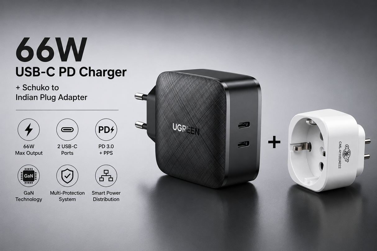 UGREEN 66W 2-पोर्ट USB C PD चार्जर PPS 20W USB C को सपोर्ट करता है जो MacBook Pro/Air, iPad Pro, iPhone 13, iPhone 12 Pro, 11, Dell XPS 15, Surface Go, Galaxy S21 आदि के साथ कम्पैटिबल है। (70867)