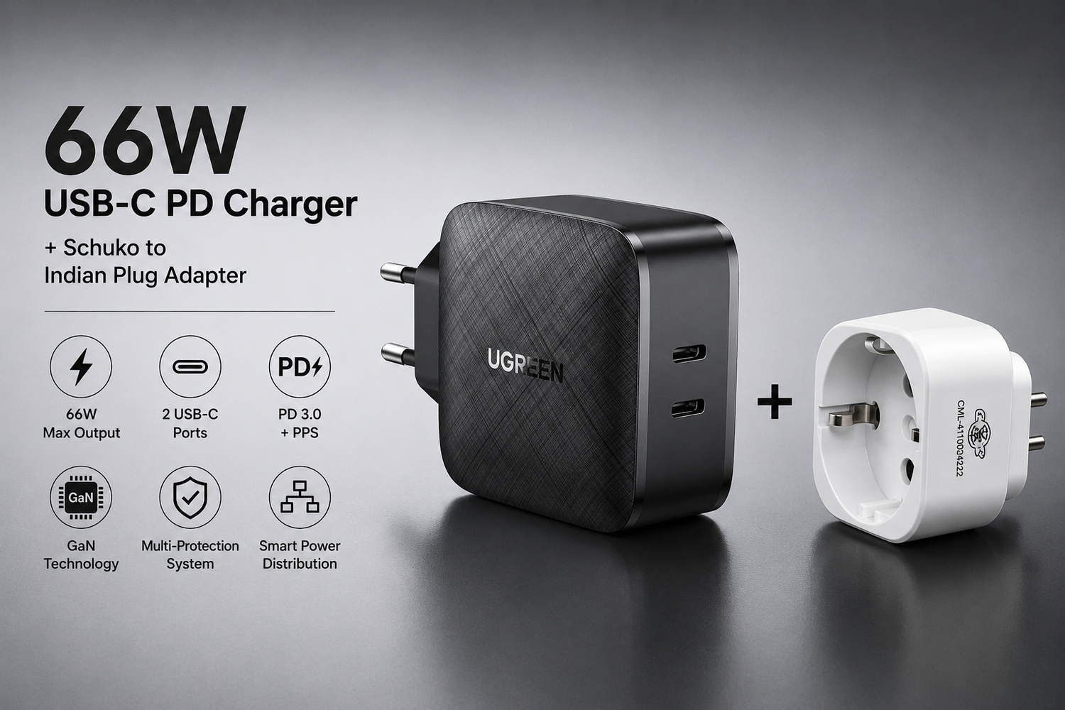 UGREEN 66W 2-पोर्ट USB C PD चार्जर PPS 20W USB C को सपोर्ट करता है जो MacBook Pro/Air, iPad Pro, iPhone 13, iPhone 12 Pro, 11, Dell XPS 15, Surface Go, Galaxy S21 आदि के साथ कम्पैटिबल है। (70867)