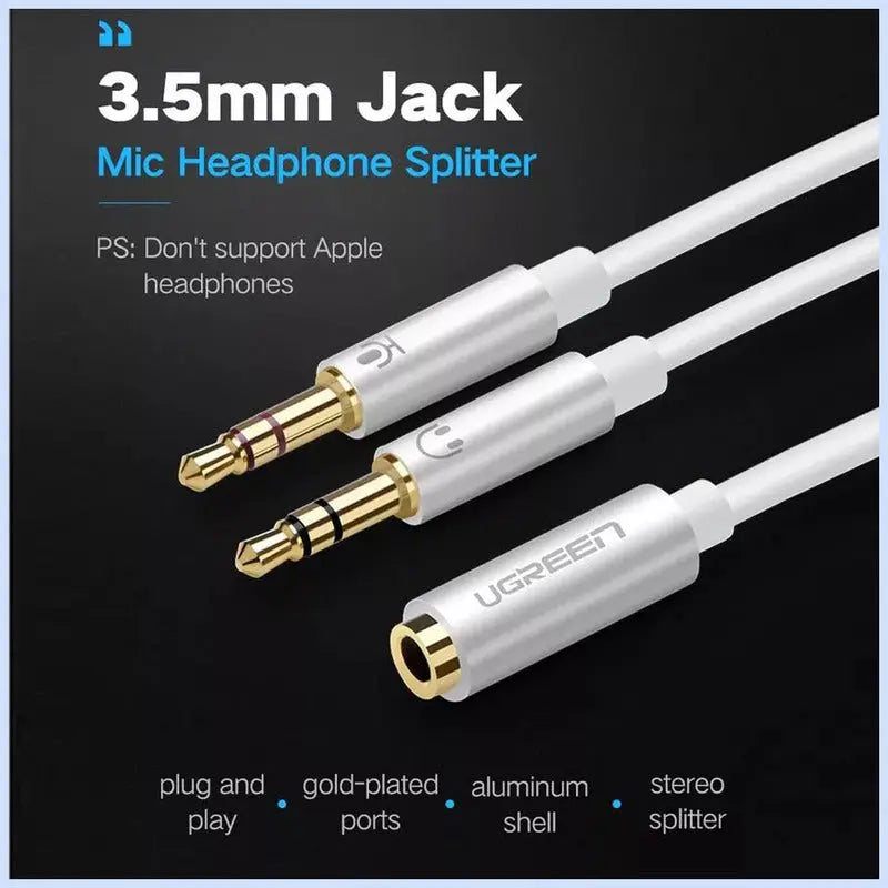 UGREEN 20cm 3.5mm Audio Splitter Cable 1 Female to 2 Male Headphone Mic Jack Adapter ABS Case PC Laptop Headset 20897