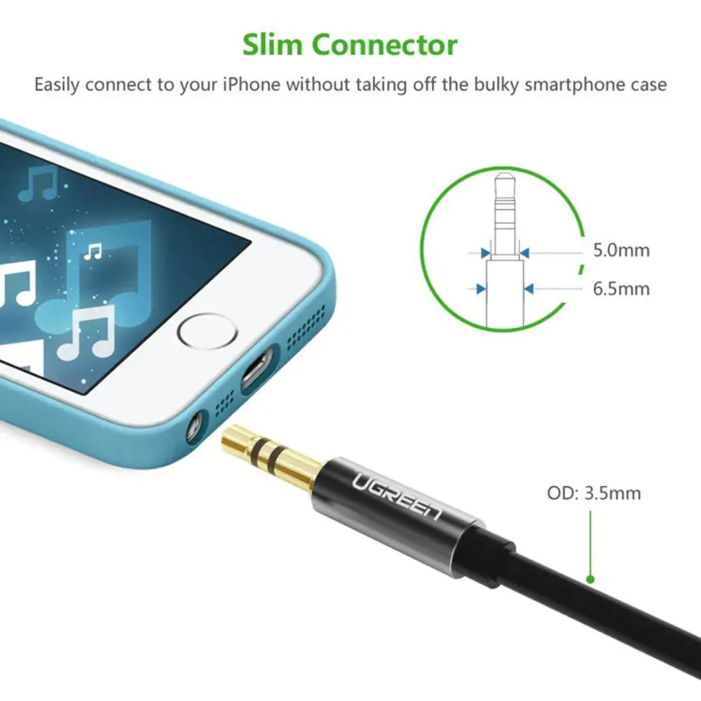 UGREEN AUX cable slim connector fits phones without removing case