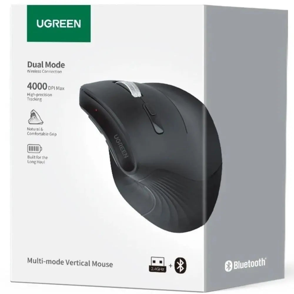 UGREEN ভার্টিক্যাল এর্গোনমিক মাউস ওয়্যারলেস (ব্লুটুথ ৫.০+২.৪জি) ৫টি বোতাম সহ, ১০০০/১৬০০০/২০০০/৪০০০ DPI, পিসি/ল্যাপটপ/ট্যাবলেটের সাথে সামঞ্জস্যপূর্ণ মাউসের হাত প্রতিরোধ, কালো (২৫৪৪৪)