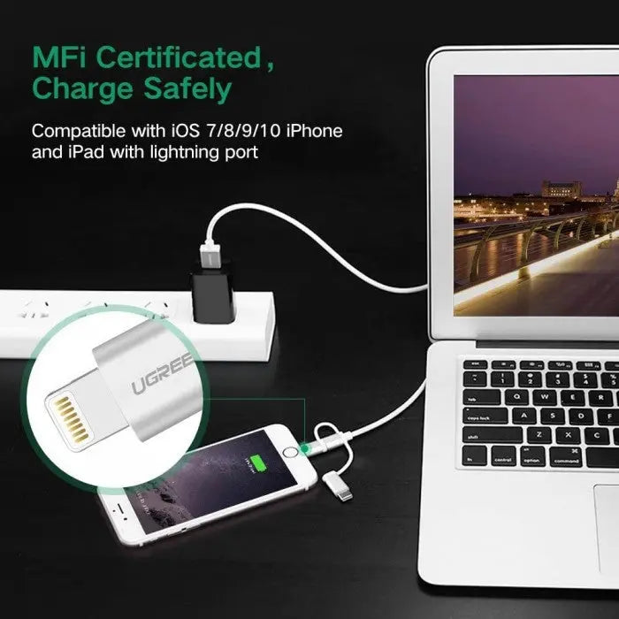 Ugreen 1.5M 3 In 1  USB 2.0 Multifunction Cable With Braid, Usb A to Usb C/ Lightning/ Micro Usb Cable, Silver(50203) - Ugreen India
