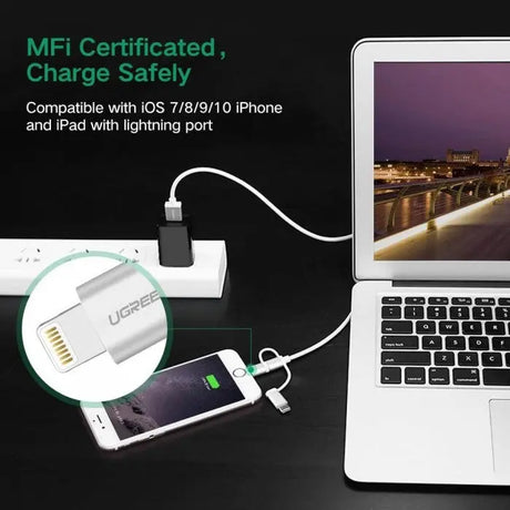 Ugreen 1.5M 3 In 1  USB 2.0 Multifunction Cable With Braid, Usb A to Usb C/ Lightning/ Micro Usb Cable, Silver(50203) - Ugreen India