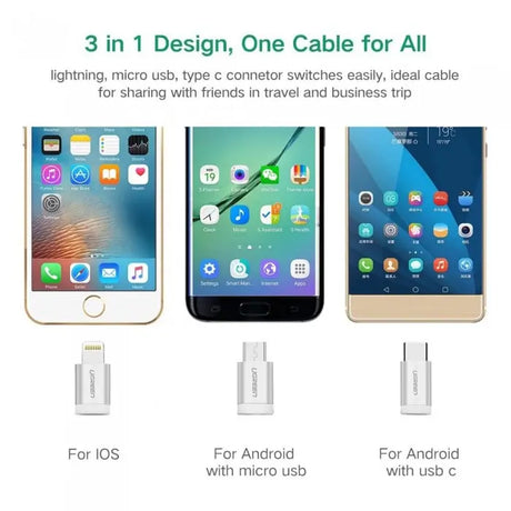 Ugreen 1.5M 3 In 1  USB 2.0 Multifunction Cable With Braid, Usb A to Usb C/ Lightning/ Micro Usb Cable, Silver(50203) - Ugreen India