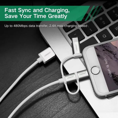 Ugreen 1.5M 3 In 1  USB 2.0 Multifunction Cable With Braid, Usb A to Usb C/ Lightning/ Micro Usb Cable, Silver(50203) - Ugreen India